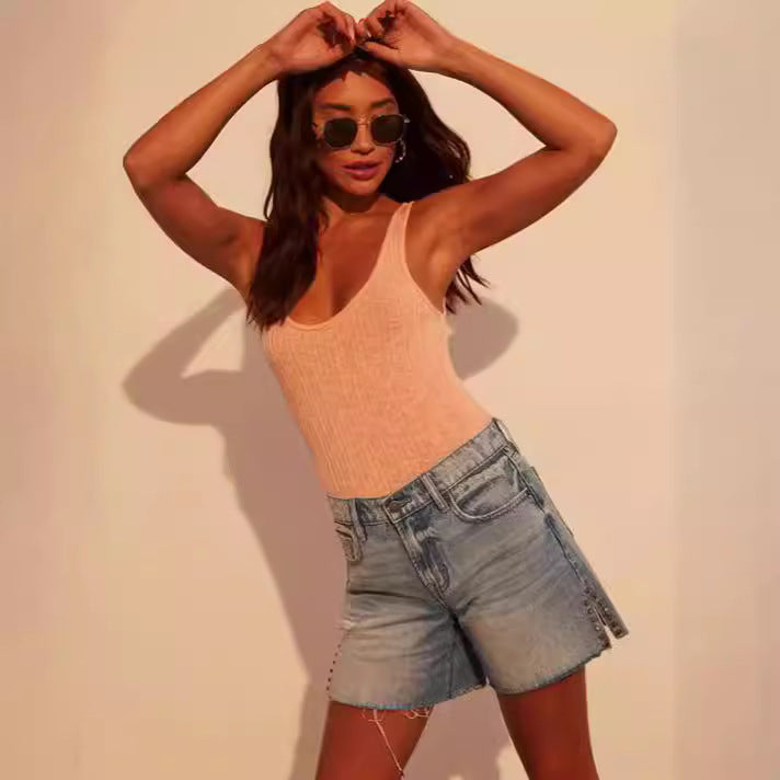 Damen modische Destroyed Denim-Shorts mit Nietenverzierung Drune