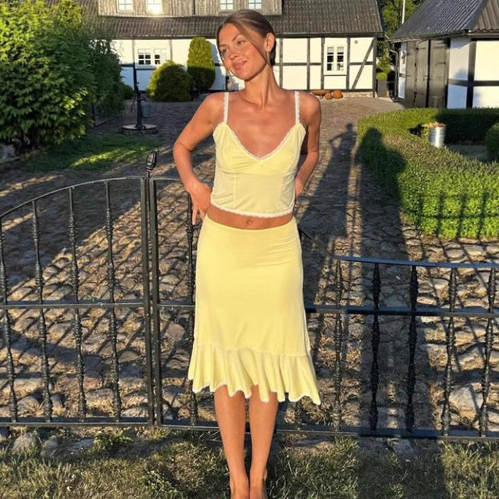 Damen Set aus Crop-Top und schwingendem Rock mit Spitzenakzenten Drune