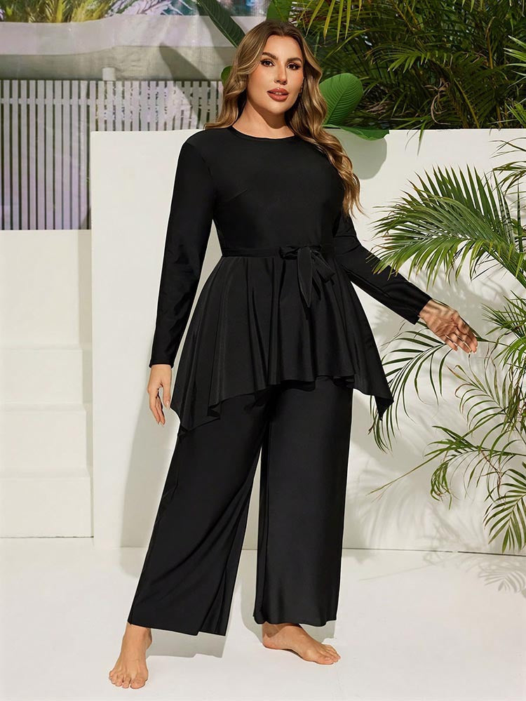 Damen Lose Kombi-Set mit asymmetrischem Oberteil und elegantem Gürtel Drune