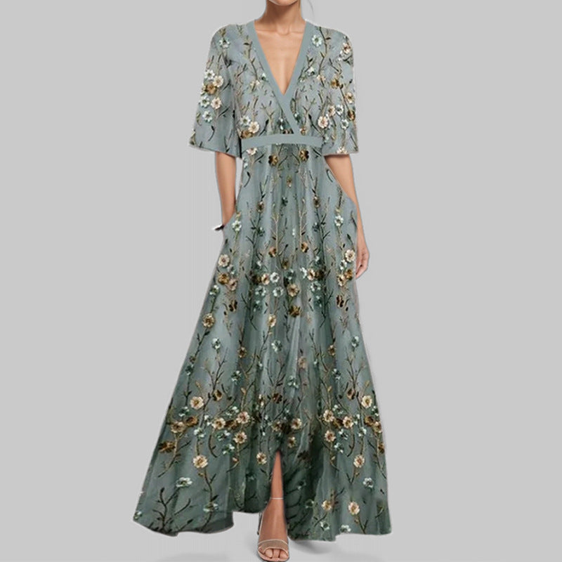 Damen Maxikleid mit buntem abstrakten Muster und V-Ausschnitt Drune