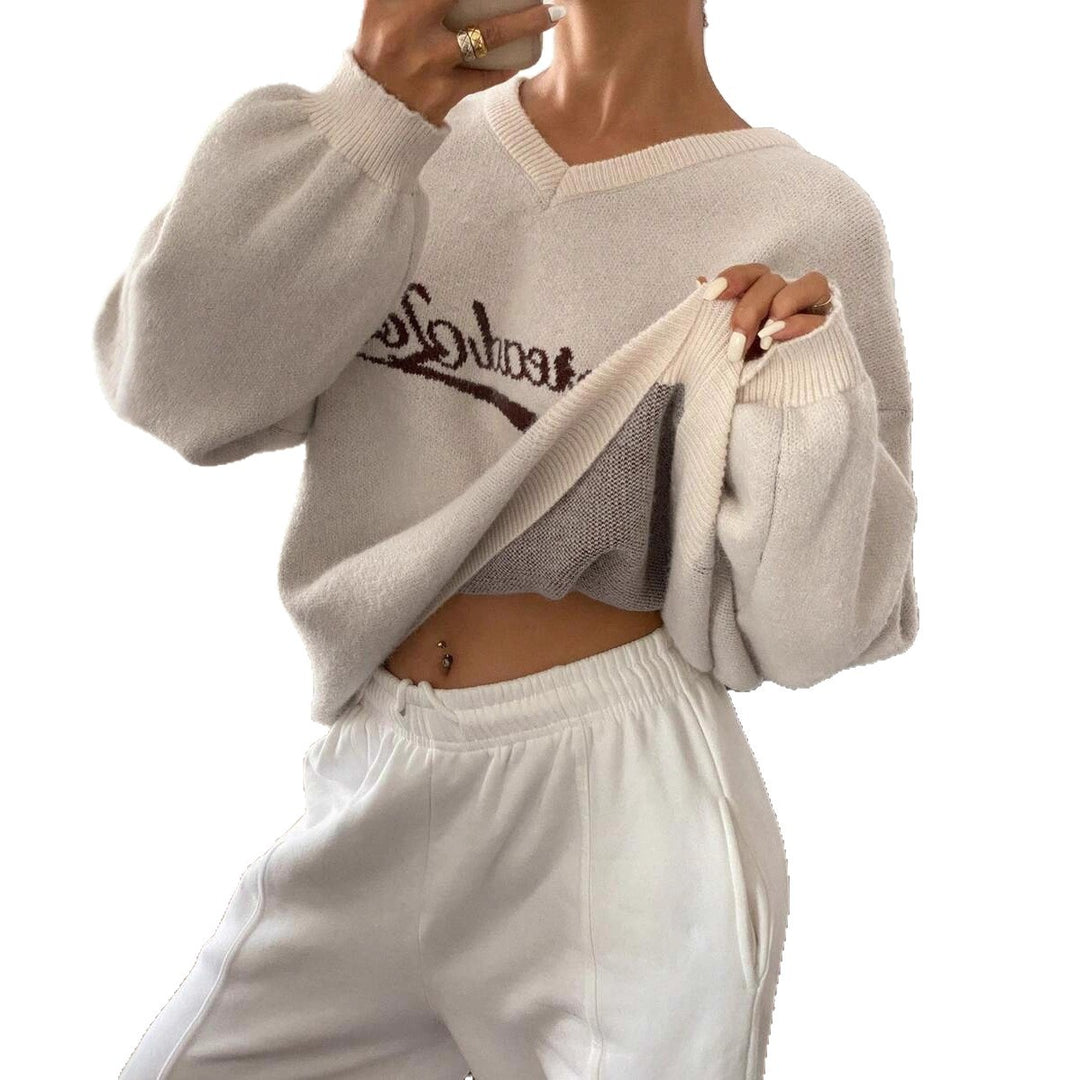 Damen Strickpullover mit modernem V-Ausschnitt und voluminösen Ärmeln Drune