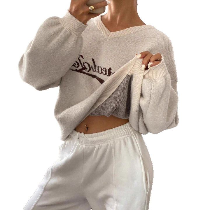 Damen Strickpullover mit modernem V-Ausschnitt und voluminösen Ärmeln Drune