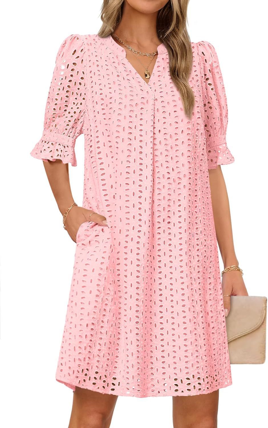 Damen luftiges Sommerkleid mit romantischem Lochmuster und praktischen Taschen Drune