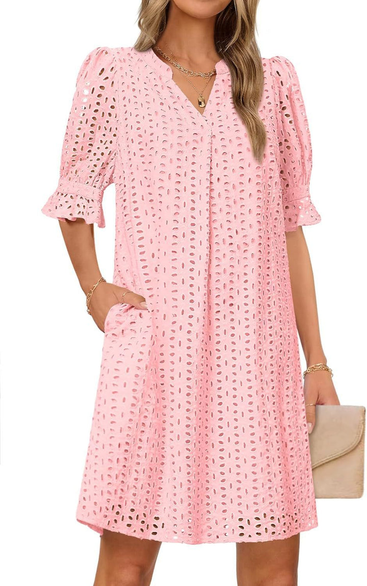 Damen luftiges Sommerkleid mit romantischem Lochmuster und praktischen Taschen Drune