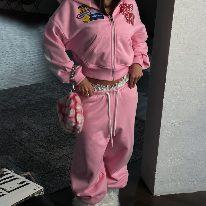 Damen Freizeit-Loungewear Set mit Kapuzenjacke und lässigen Hosen Drune