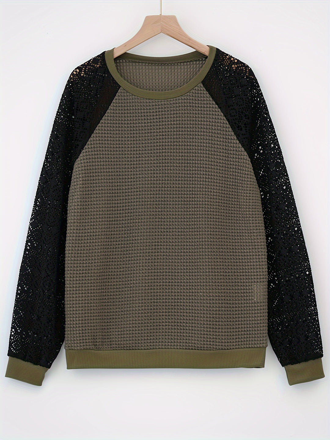 Damen nan Pullover mit Waffelstruktur, Raglanform und transparenter Spitzenärmel Drune