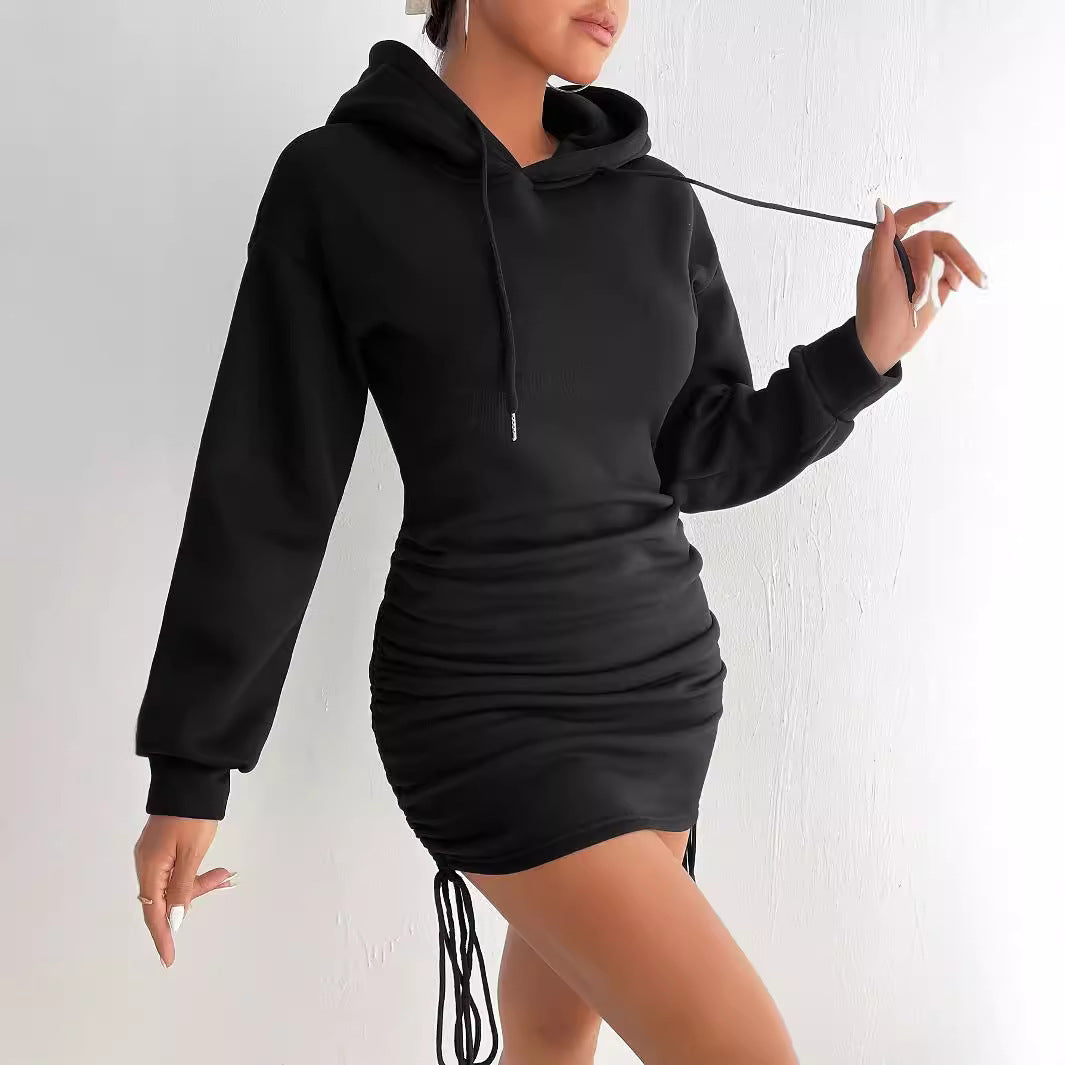 Damen Kapuzenkleid mit seitlichem Raffungsdesign und verstellbarem Kordelzug Drune