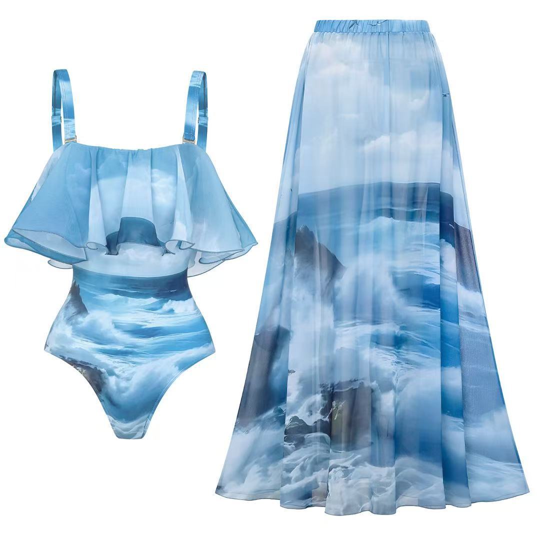 Damen Maxikleid mit Volant und maritimem Design Drune