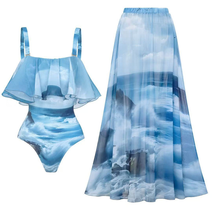 Damen Maxikleid mit Volant und maritimem Design Drune