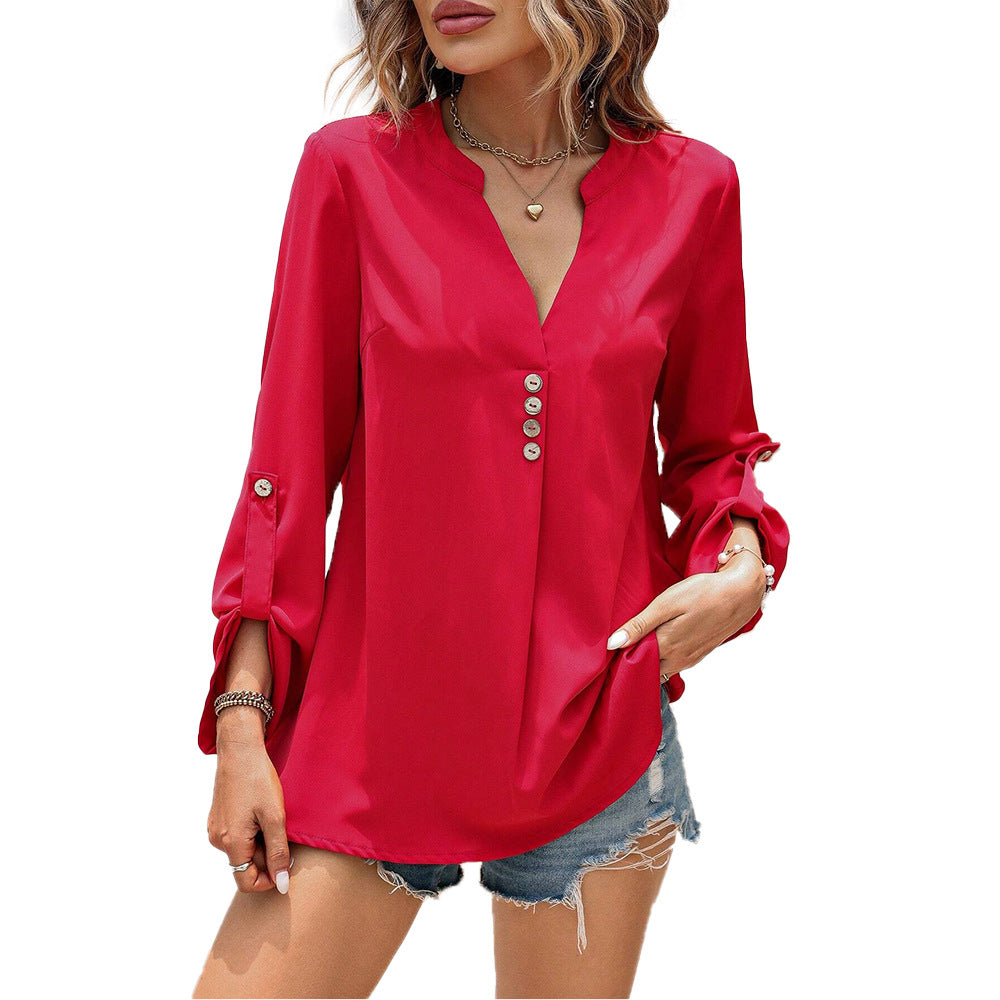Damen Bluse mit elegantem V-Ausschnitt und raffinierten Knopfdetails Drune
