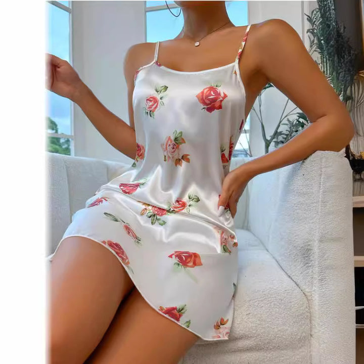 Damen Satin-Nachtkleid mit floralem Design und Spaghettiträgern Drune