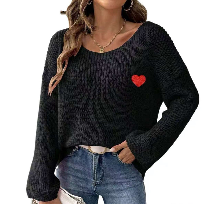 Damen Lockere Strickpullover mit Herzapplikation Drune