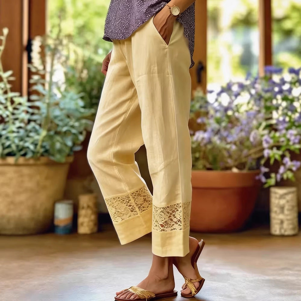 Damen Elegante Leinenhose mit Spitzenakzenten Drune