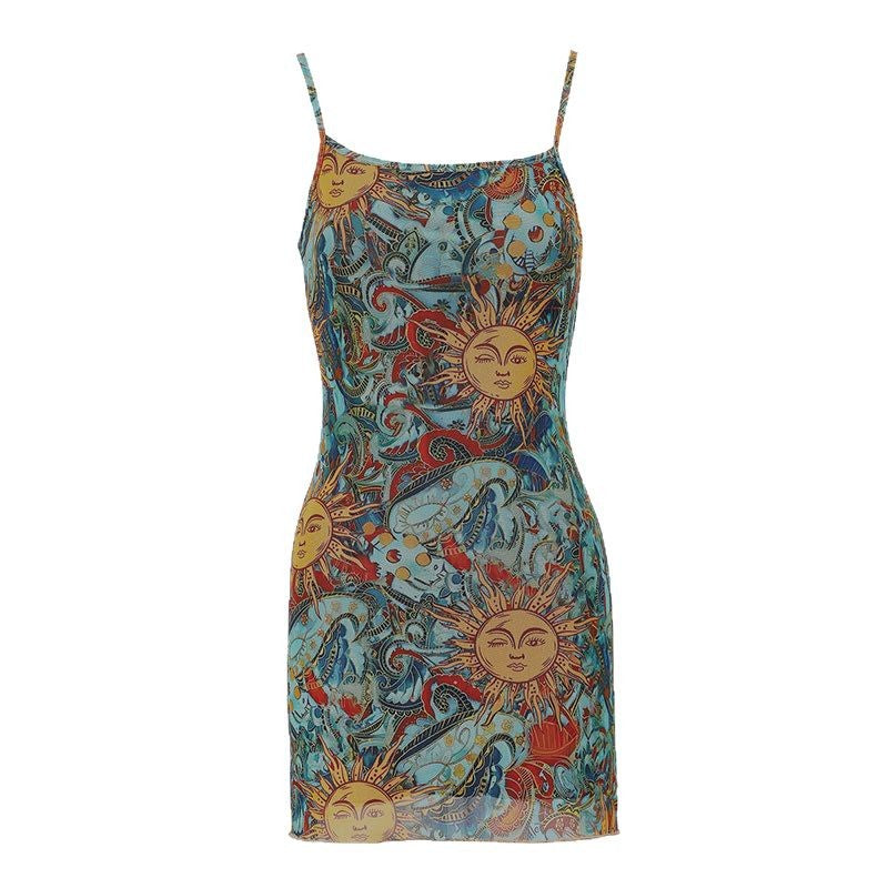 Damen Minikleid mit schickem Sonnen-Design und Spaghettiträgern Drune