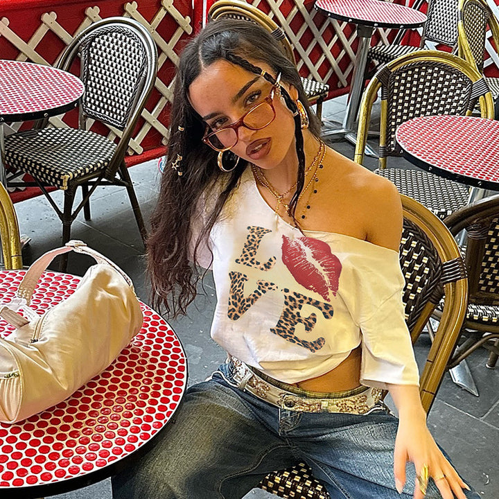 Damen lässiges Print-Shirt mit weitem Ausschnitt Drune