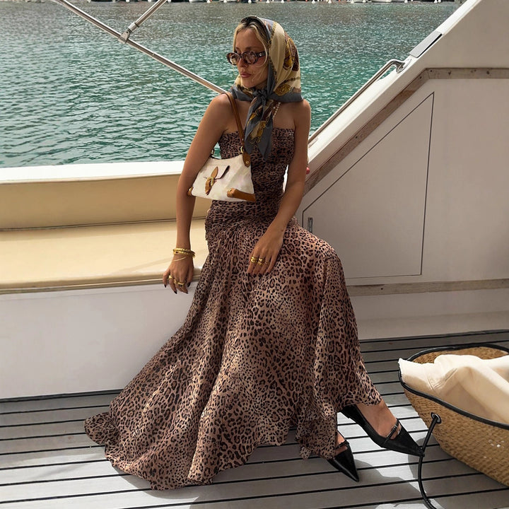 Damen Maxikleid mit rüschenförmigem Saum und elegantem Leopardenmuster Drune
