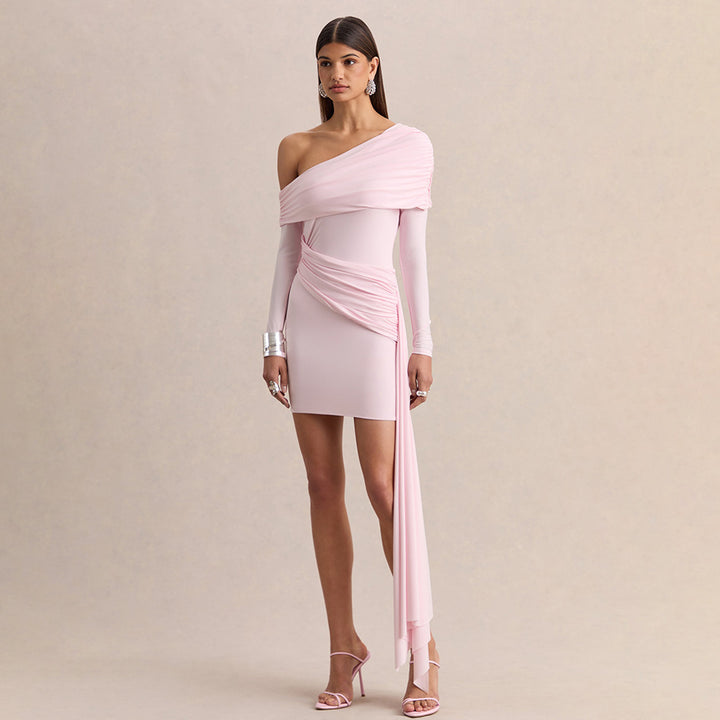 Damen Elegantes Wickelkleid mit asymmetrischem Ärmel und Drapierungen Drune