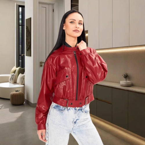 Damen klassische Kunstlederjacke im modischen Oversized-Schnitt Drune