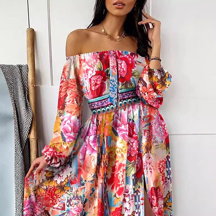 Damen Elegantes Off-Shoulder Maxikleid mit raffinierten Plisseedetails und hohem Schlitz Drune