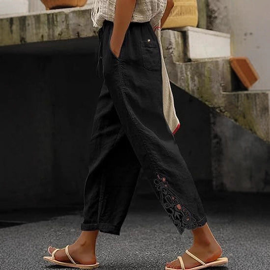 Damen luftige Leinenhose mit dekorativen Stickereien Drune