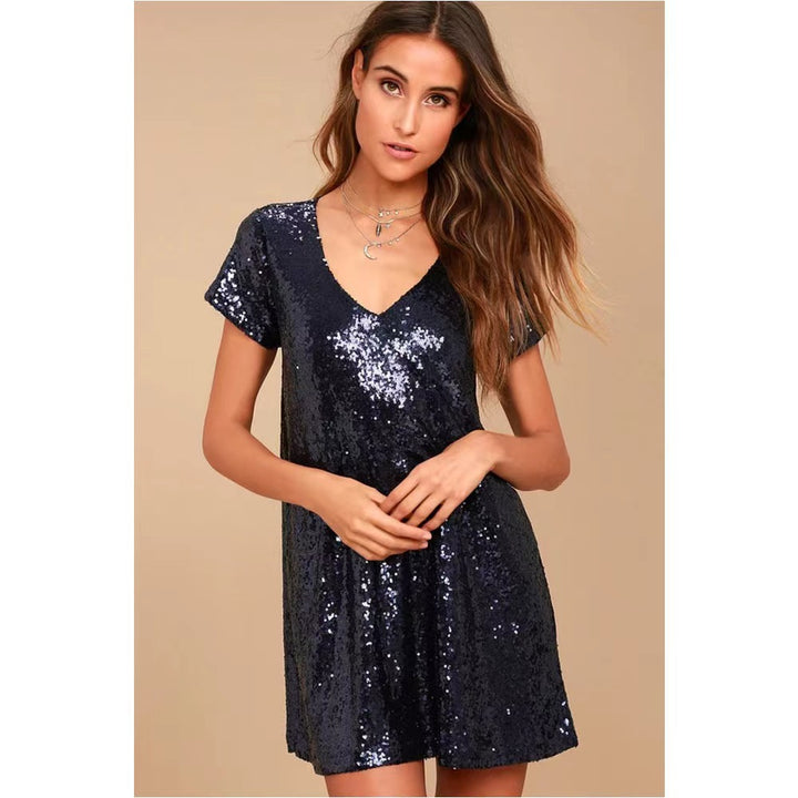 Damen Kurzarm-Pailletten-Kleid mit V-Ausschnitt Drune