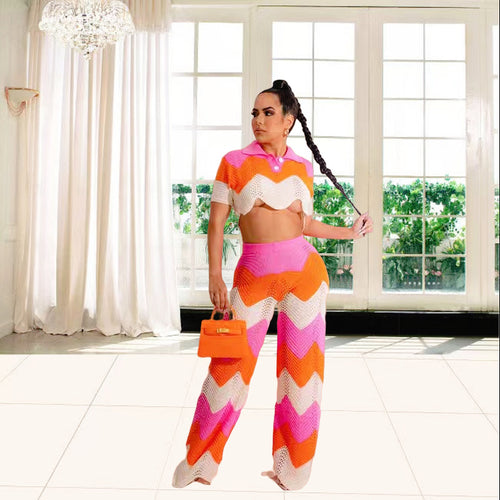 Damen Set aus gehäkeltem Crop-Top und weitem Palazzo-Hosen Drune