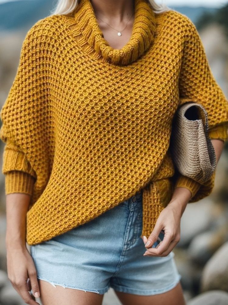 Damen lässiger Strickpullover mit hohem Kragen und strukturiertem Design Drune