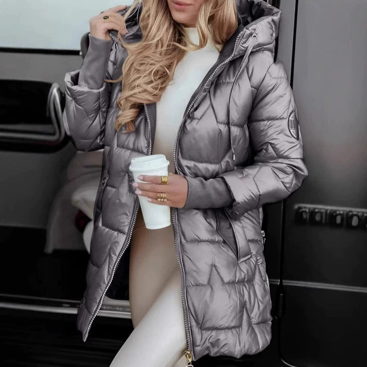 Damen lange, gefütterte Winterjacke mit Kapuze Drune