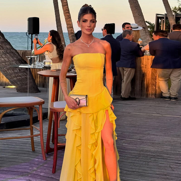 Damen fließendes Maxikleid mit Rüschen und Volant Drune