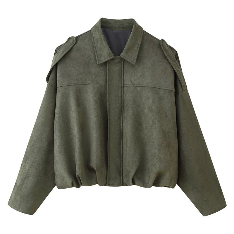 Damen Oversized Kunstlederjacke mit schickem Stehkragen und Gummizug Drune