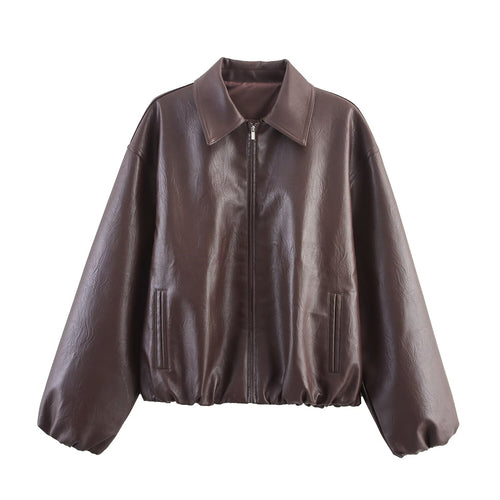 Damen modische Kunstlederjacke mit hohem Kragen und elastischer Taille Drune