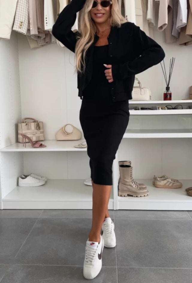 Damen Midi-Kleid mit elegantem Tailleneinsatz und lässiger Cardigan-Jacke Drune