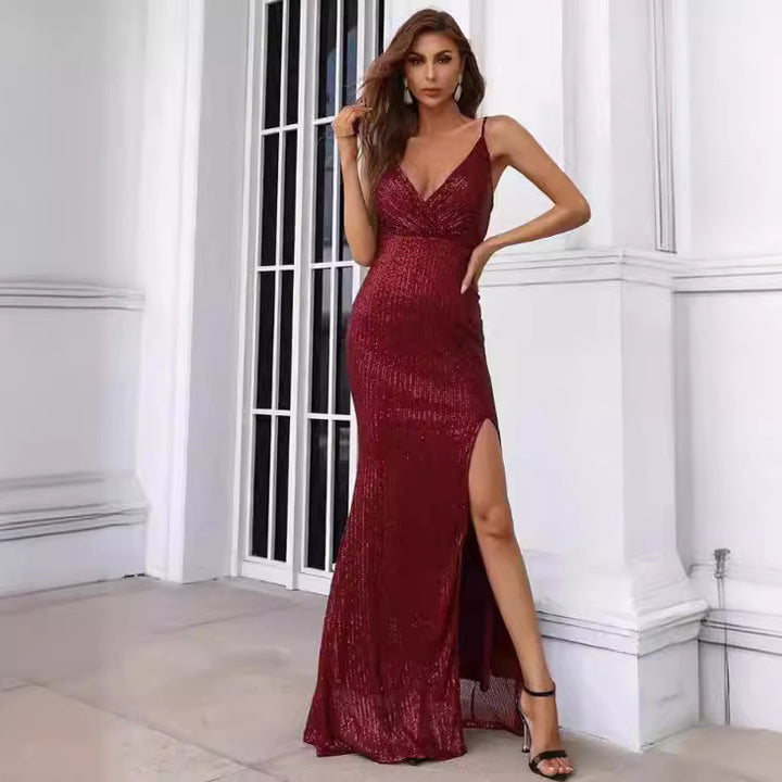 Damen Glitzerndes Abendkleid mit tiefem V-Ausschnitt und elegantem Schlitz Drune