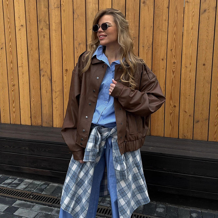 Damen Oversized Kunstlederjacke mit modischem Schnitt und eleganten Details Drune