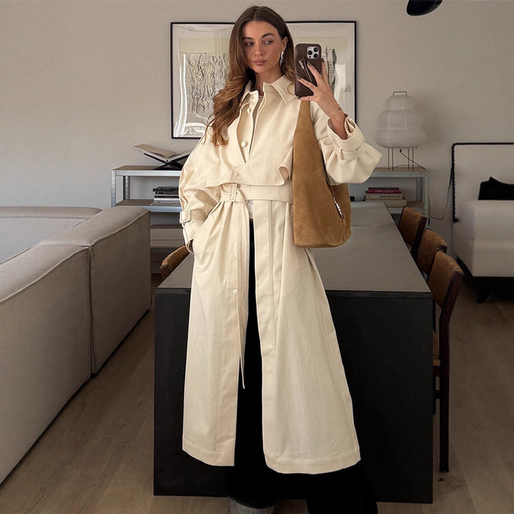 Damen Langer Trenchcoat mit breitem Kragen und taillierbarem Gürtel Drune