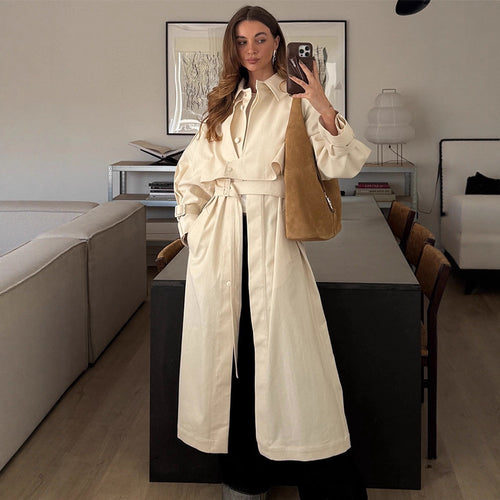 Damen Langer Trenchcoat mit breitem Kragen und taillierbarem Gürtel Drune