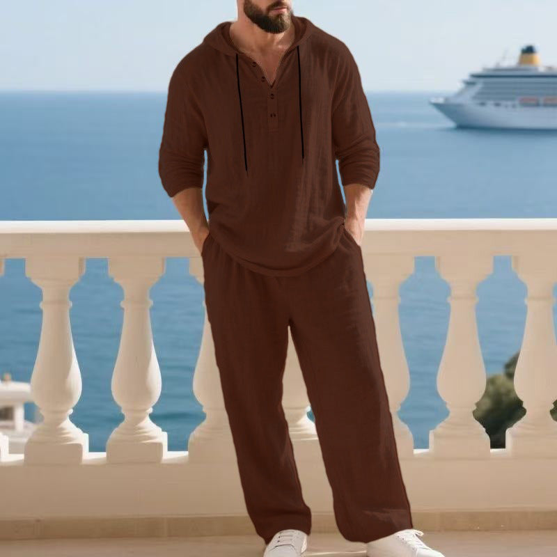 Herren nan lässiges Leinenzweiteiler-Set mit Kapuzenhemd im Henley-Stil und weiten Freizeit-Hosen Drune