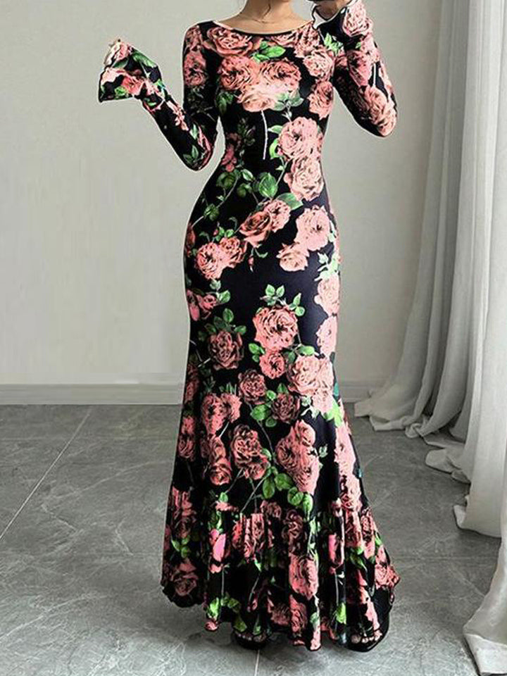 Damen Elegantes Maxikleid mit floralen Rüschendetails und langem Arm Drune