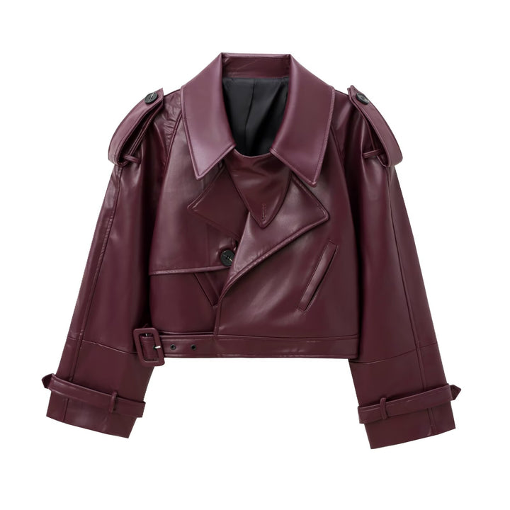 Damen cropped Leder Motorradjacke mit asymmetrischem Revers Drune