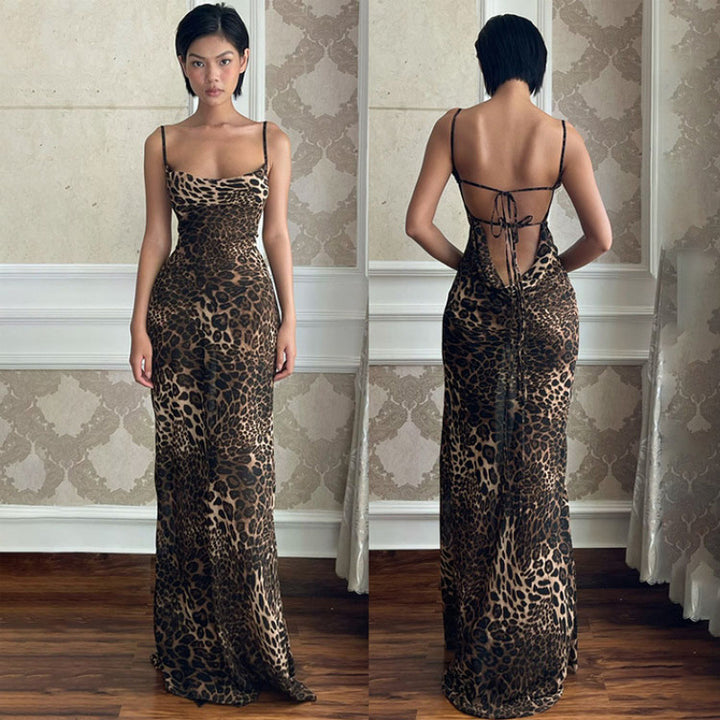 Damen Maxikleid mit elegantem Leopardenprint und offenem Rückenteil Drune