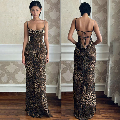 Damen Maxikleid mit elegantem Leopardenprint und offenem Rückenteil Drune