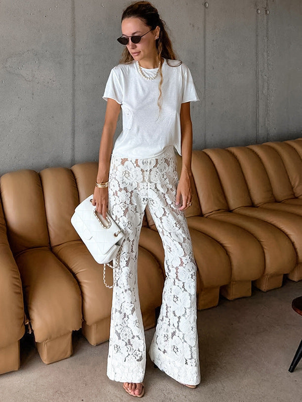 Damen Elegante Spitzenhose mit weitem Bein und floralen Details Drune