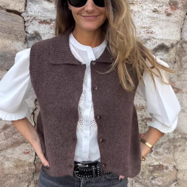 Damen Strickweste mit klassischem Kragen und modischen Knopfdetails Drune