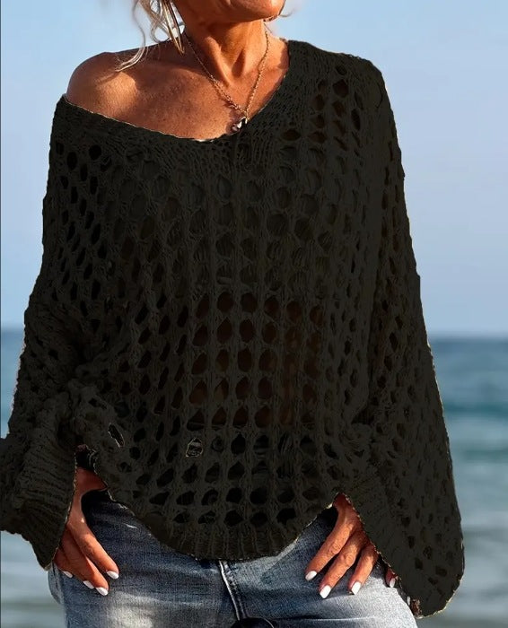 Damen Off-Shoulder Strickpullover mit luftiger Lochmaschenstruktur Drune