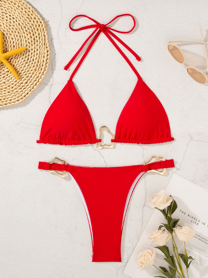 Damen Triangel-Bikini mit verstellbaren Trägern und dekorativen Schnallen Drune