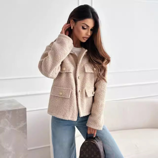 Damen Teddyjacke mit praktischen Taschen und eleganten Knopfdetails Drune
