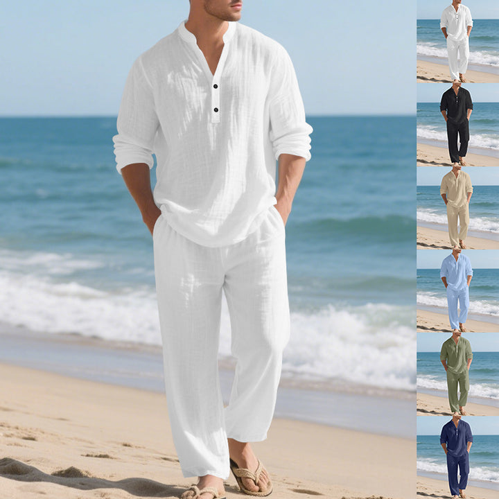 Herren komfortables Homewear-Set mit eleganter Knopfleiste und langen Hosen Drune
