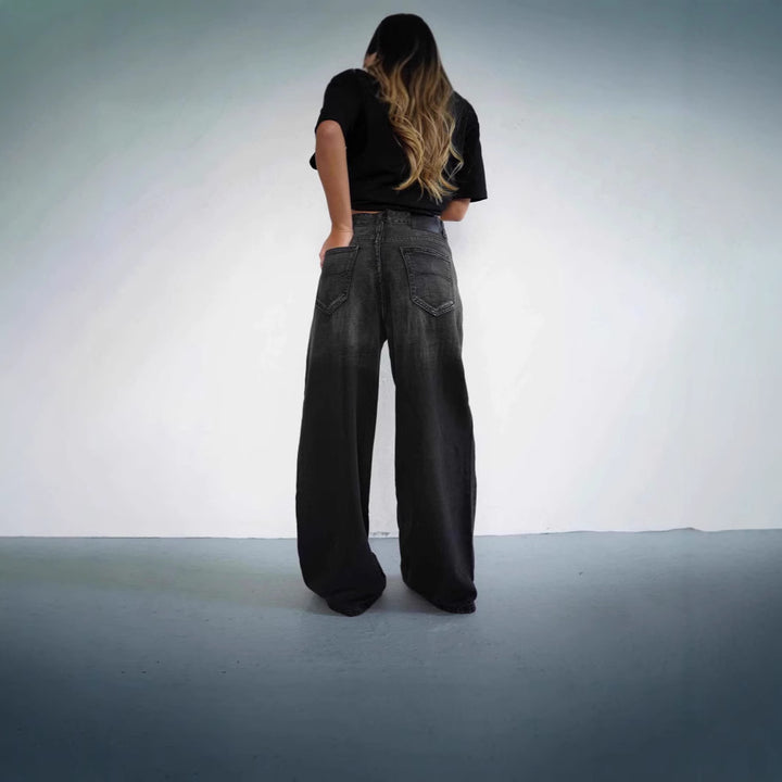 Damen lockere High-Waist Jeans mit angesagtem Farbverlauf und weitem Bein Drune