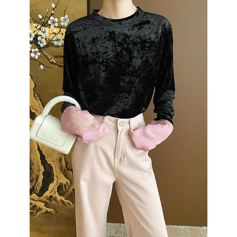 Damen Samtoberteil mit langem Arm und elegantem Rundhalsausschnitt Drune