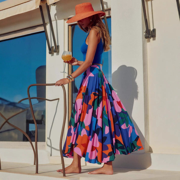 Damen Maxi-Rock mit buntem Blumendesign und fließendem Fall Drune
